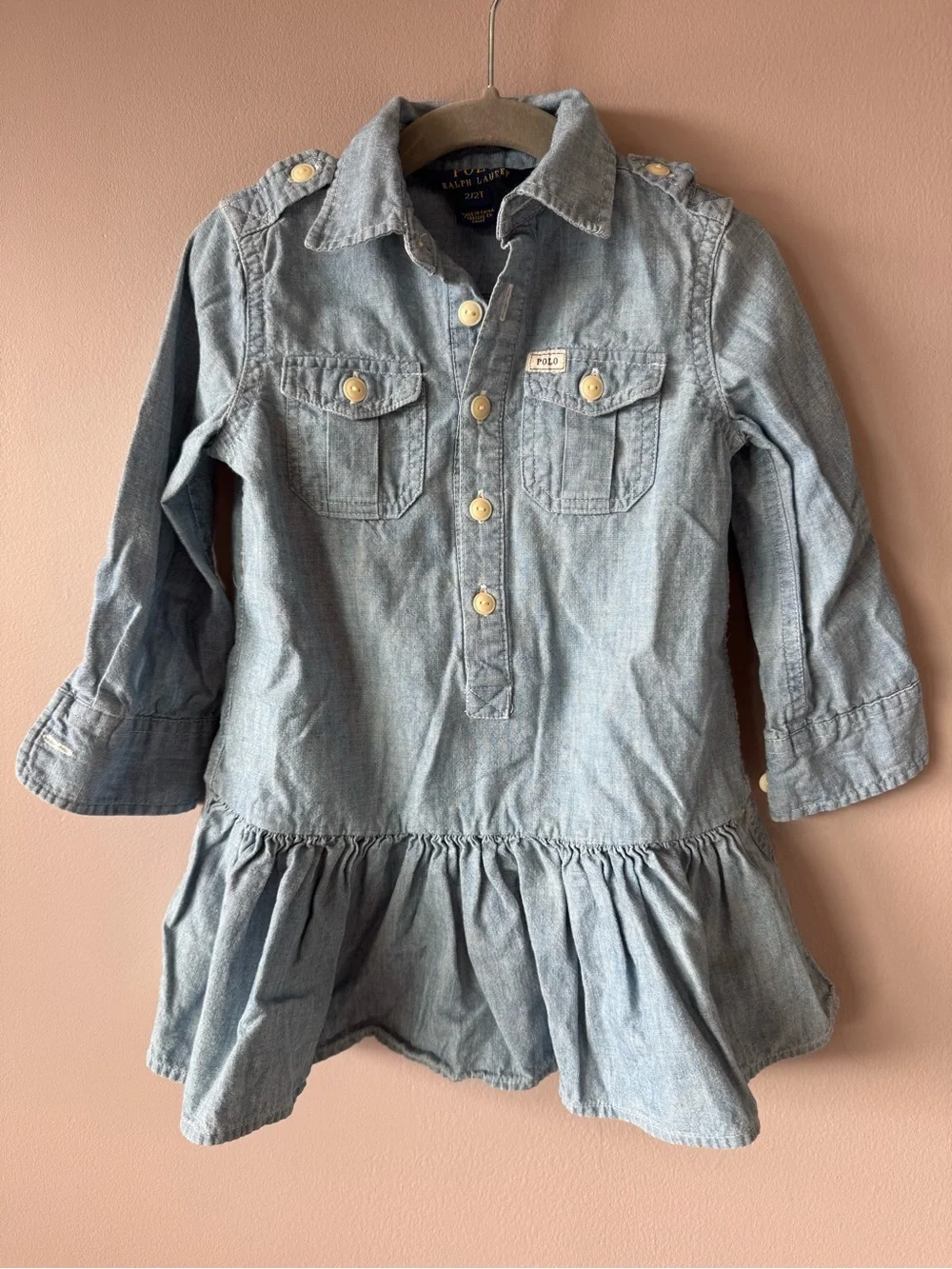 Polo Ralph Lauren Toddler Blue Denim Button Down‎ Drop Waist Dress Size 2T